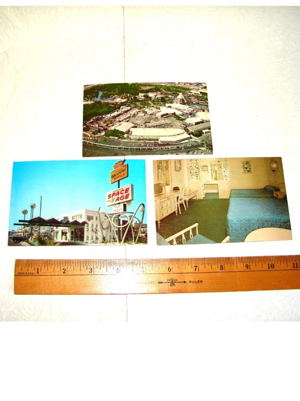 Vtg 1960's Disneyland Aerial, Space Age Lodge POSTCARD x3, Anaheim CA Moon House